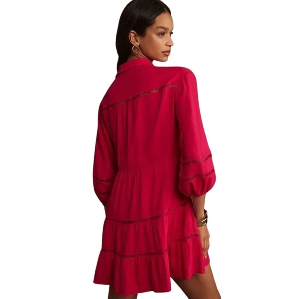 Anthropologie Maeve Bettina Tiered Mini Shirt Dress Linen 1X Hot Pink Raspberry - Picture 2 of 16